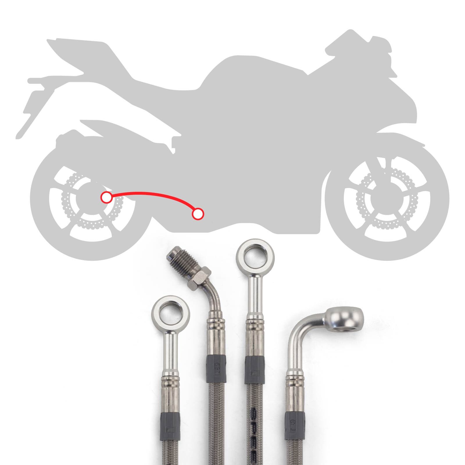 Stahlflex Bremsleitungs Kit mit silbernen Fittings und Leitungen mit transparenter Ummantelung, Infografik für die Verlegung der Leitungen hinten