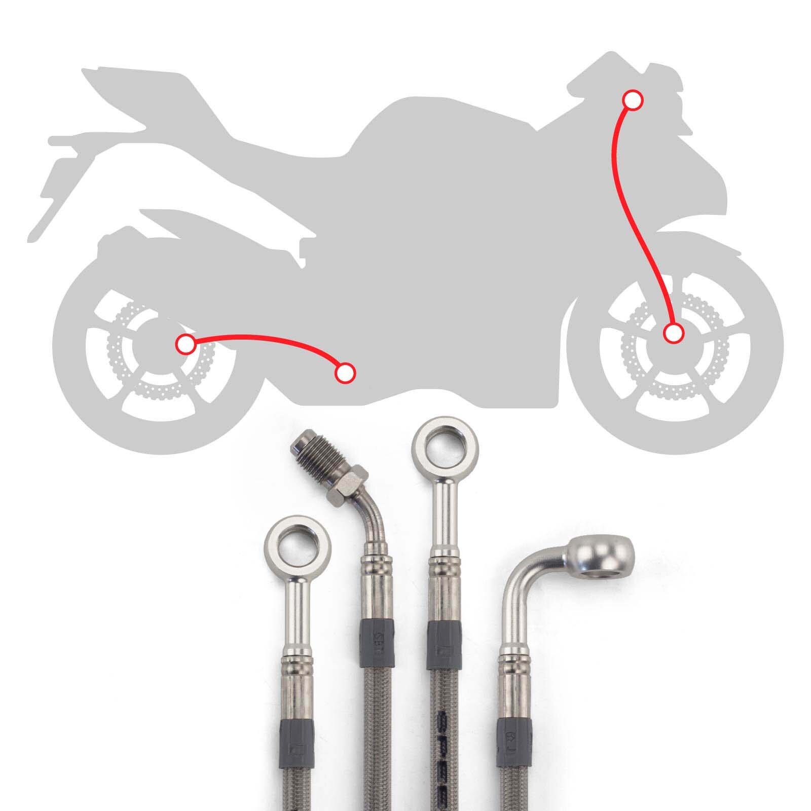 Stahlflex Bremsleitungs Kit mit silbernen Fittings und Leitungen mit transparenter Ummantelung, Infografik für die Verlegung der Leitungen vorne und hinten