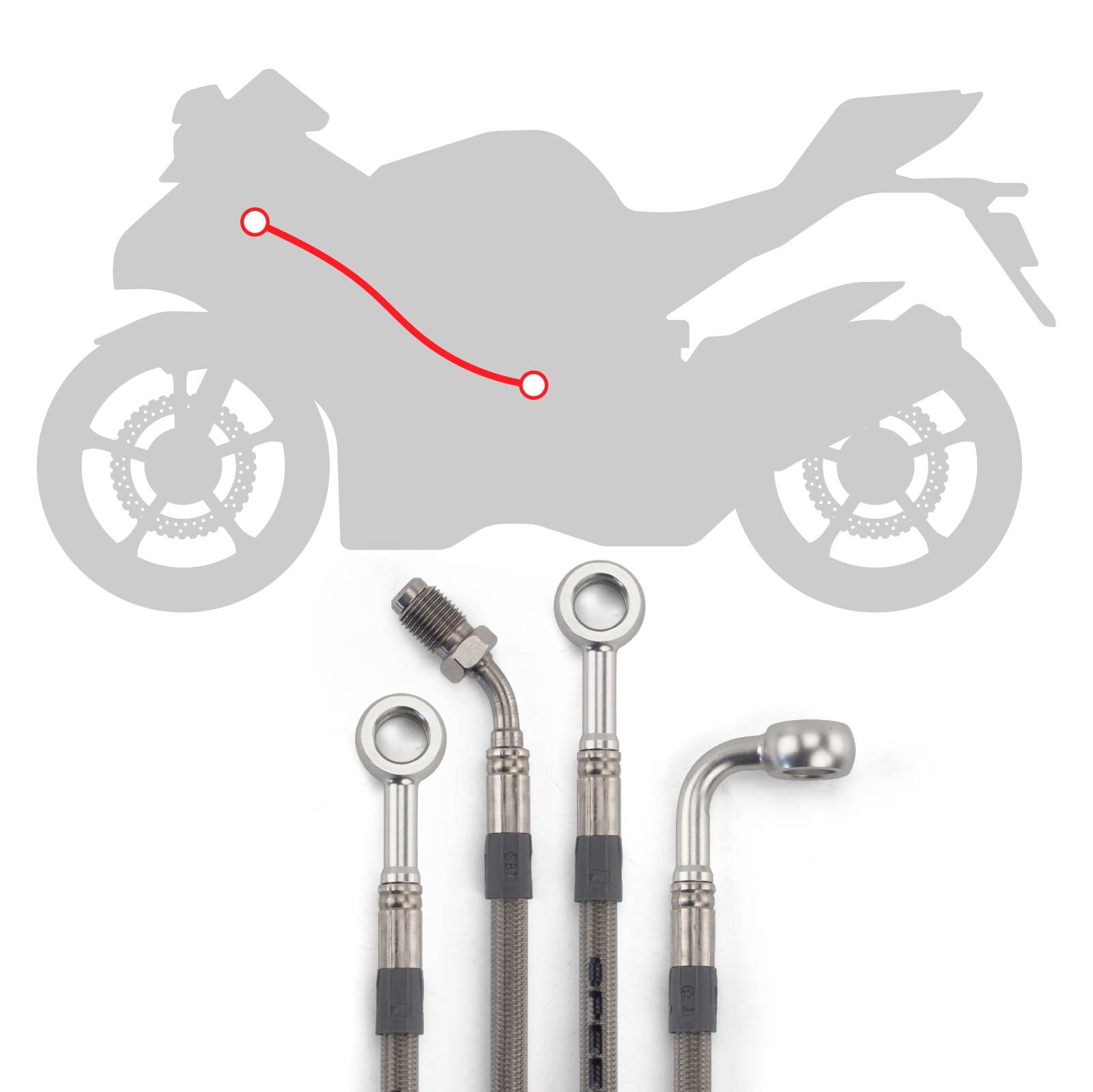 Stahlflex Bremsleitungs Kit mit silbernen Fittings und Leitungen mit transparenter Ummantelung, Infografik für die Verlegung der Kupplungsleitung