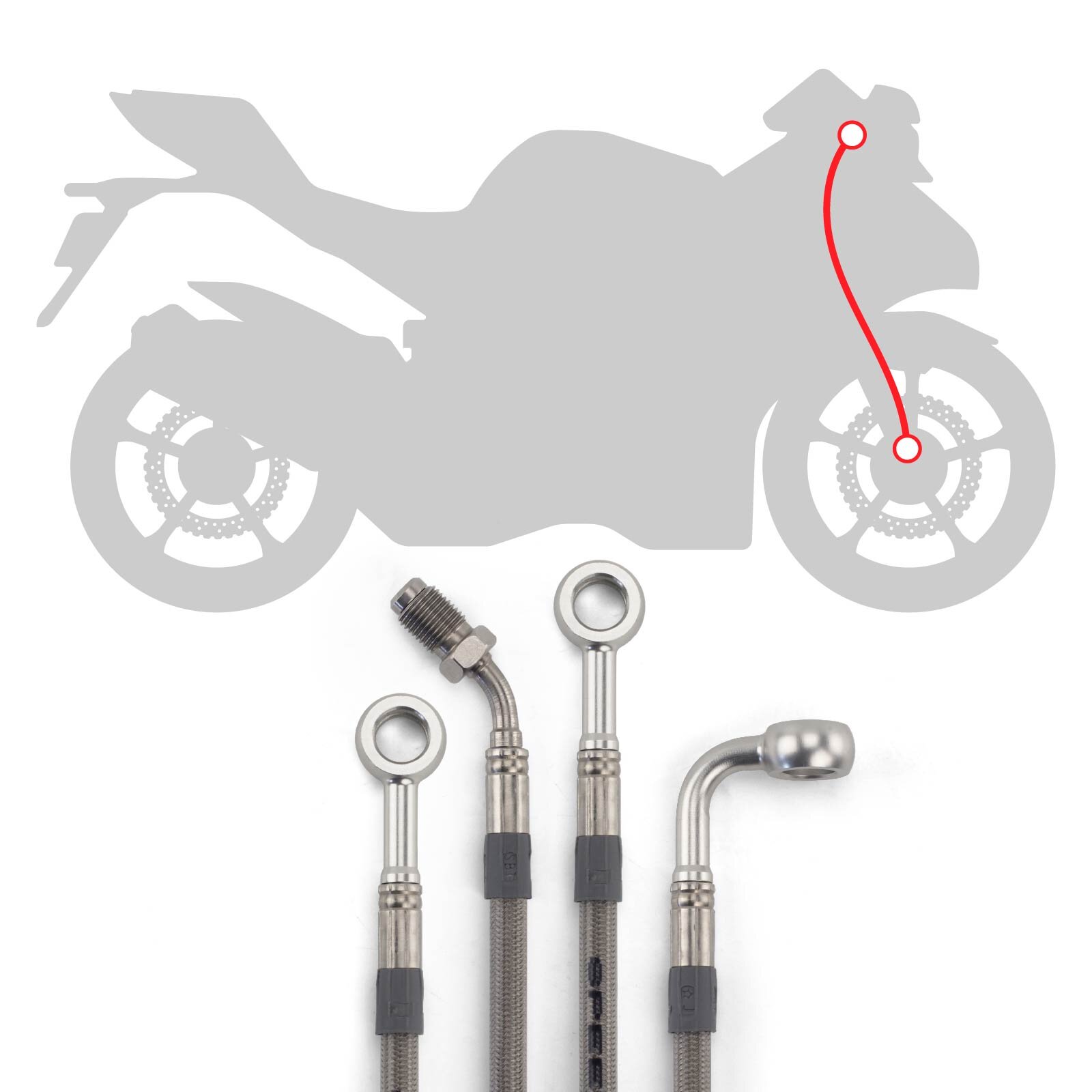 Stahlflex Bremsleitungs Kit mit silbernen Fittings und Leitungen mit transparenter Ummantelung, Infografik für die Verlegung der Leitungen vorne